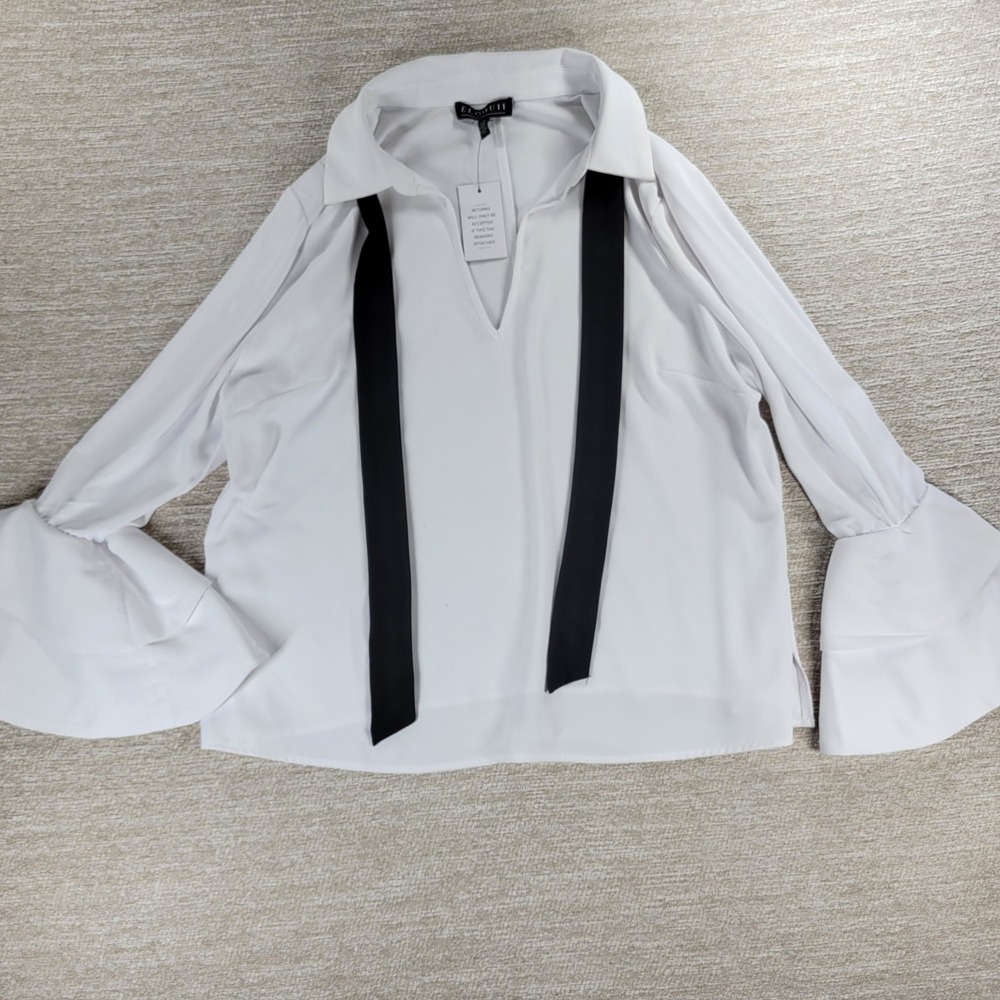 Eloquii Blouse Size 18 White Black Tie Neck Dramatic Sleeve Cuff Minimalist NWT